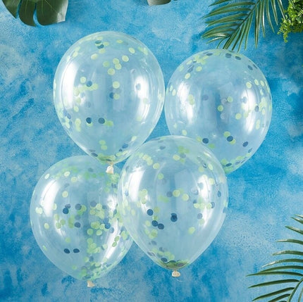 Feestbazaar Confetti ballonnen Groen/Blauw Roarsome (5st)