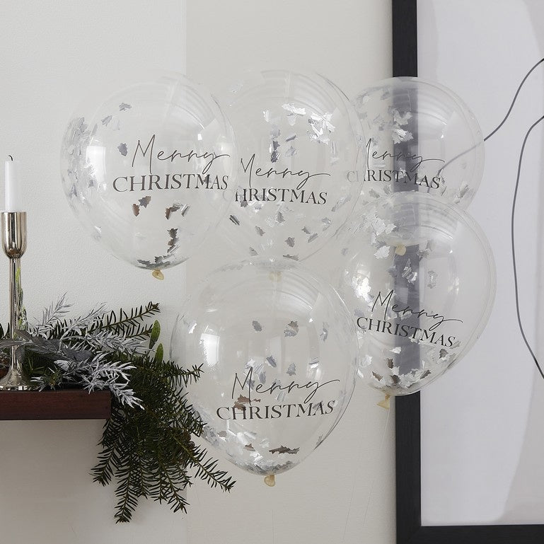 Feestbazaar Confettiballonnen 'Merry Christmas' Zilver (5st)