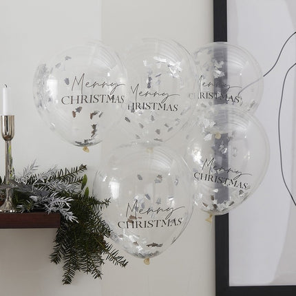 Feestbazaar Confettiballonnen 'Merry Christmas' Zilver (5st)