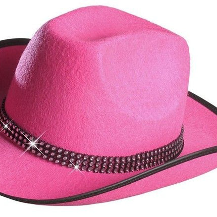 Feestbazaar Cowboyhoed roze met strass band