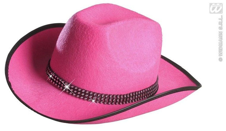 Feestbazaar Cowboyhoed roze met strass band