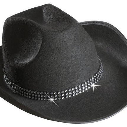 Feestbazaar Cowboyhoed zwart met strass band