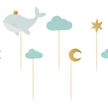 Feestbazaar Cupcake Toppers Walvis Blauw/Goud (7st)