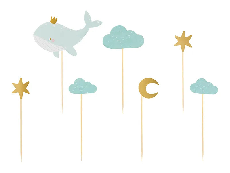 Feestbazaar Cupcake Toppers Walvis Blauw/Goud (7st)