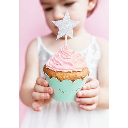 Feestbazaar Cupcake toppers Zilveren Sterren Glitter (6st)
