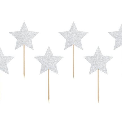 Feestbazaar Cupcake toppers Zilveren Sterren Glitter (6st)