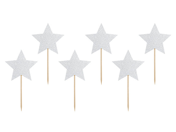 Feestbazaar Cupcake toppers Zilveren Sterren Glitter (6st)