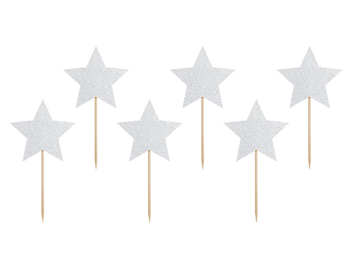 Feestbazaar Cupcake toppers Zilveren Sterren Glitter (6st)