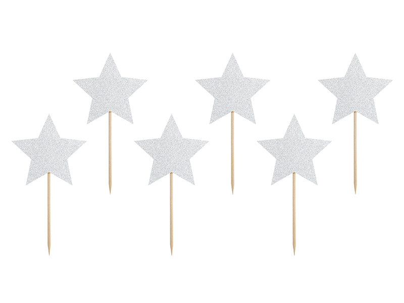 Feestbazaar Cupcake toppers Zilveren Sterren Glitter (6st)