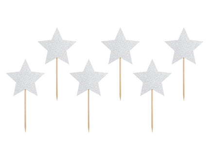Feestbazaar Cupcake toppers Zilveren Sterren Glitter (6st)
