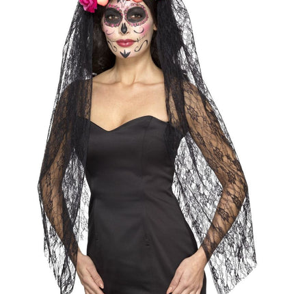 Feestbazaar Day of the dead hoofdband met sluier