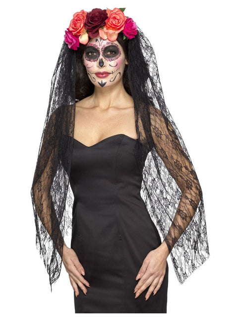 Feestbazaar Day of the dead hoofdband met sluier