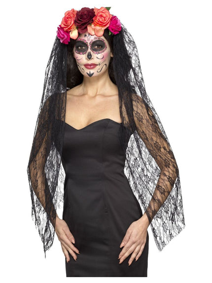 Feestbazaar Day of the dead hoofdband met sluier