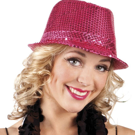 Feestbazaar Disco hoed pailletten hot pink