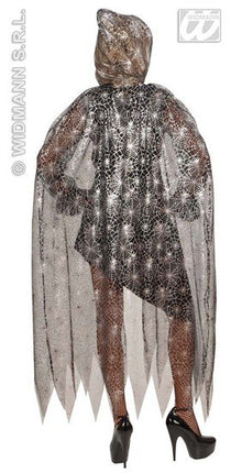 Feestbazaar Doorzichtige cape spinneweb met kap 136cm