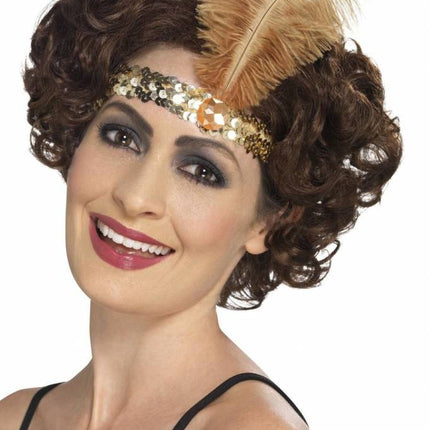 Feestbazaar Flapper Hoofdband goud met veer