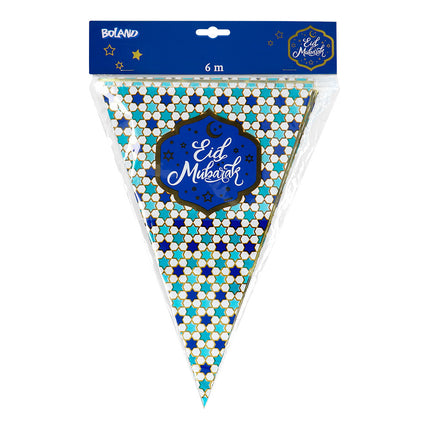 Feestbazaar Folie Vlaggenlijn Eid Mubarak Blauw/Goud (6m)