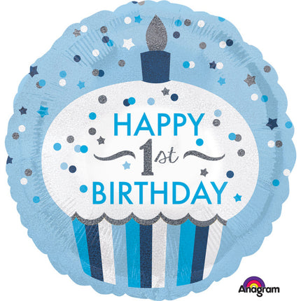 Feestbazaar Folieballon 1 Jaar Cupcake Blauw Rond (43cm)