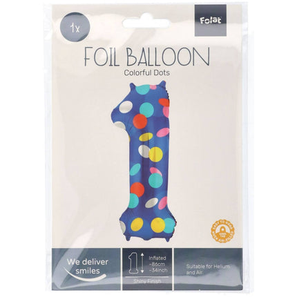 Feestbazaar Folieballon '1' Kleurrijke Stippen