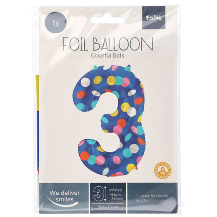 Feestbazaar Folieballon '3' Kleurrijke Stippen