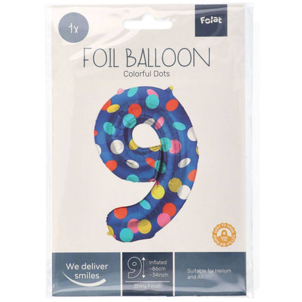 Feestbazaar Folieballon '9' Kleurrijke Stippen