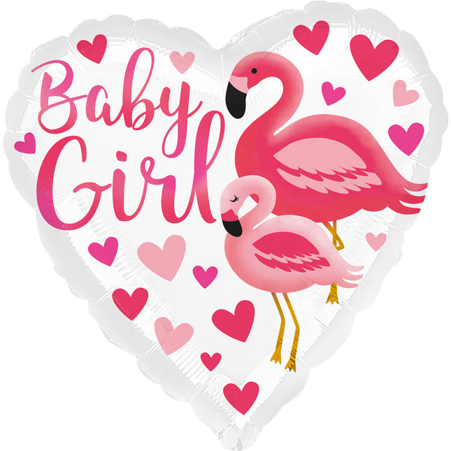 Feestbazaar Folieballon Baby Girl Flamingo's Hartvormig (43cm)