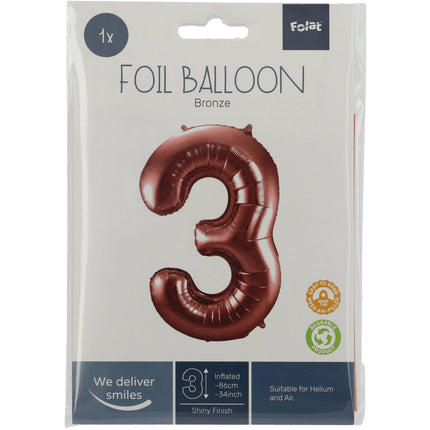 Feestbazaar Folieballon Brons Cijfer 3 - 86 cm