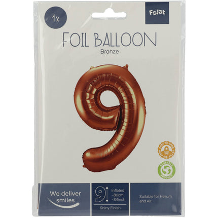 Feestbazaar Folieballon Brons Cijfer 9 - 86 cm