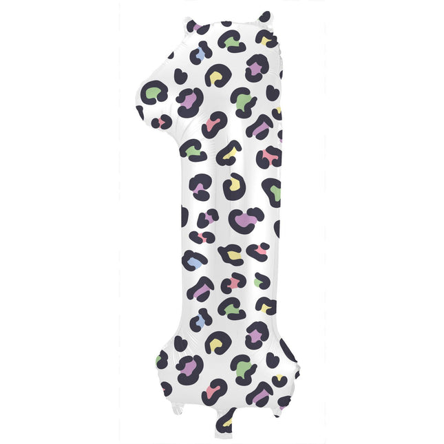 Feestbazaar Folieballon Cijfer 1 Wit Met Panterprint (86cm)
