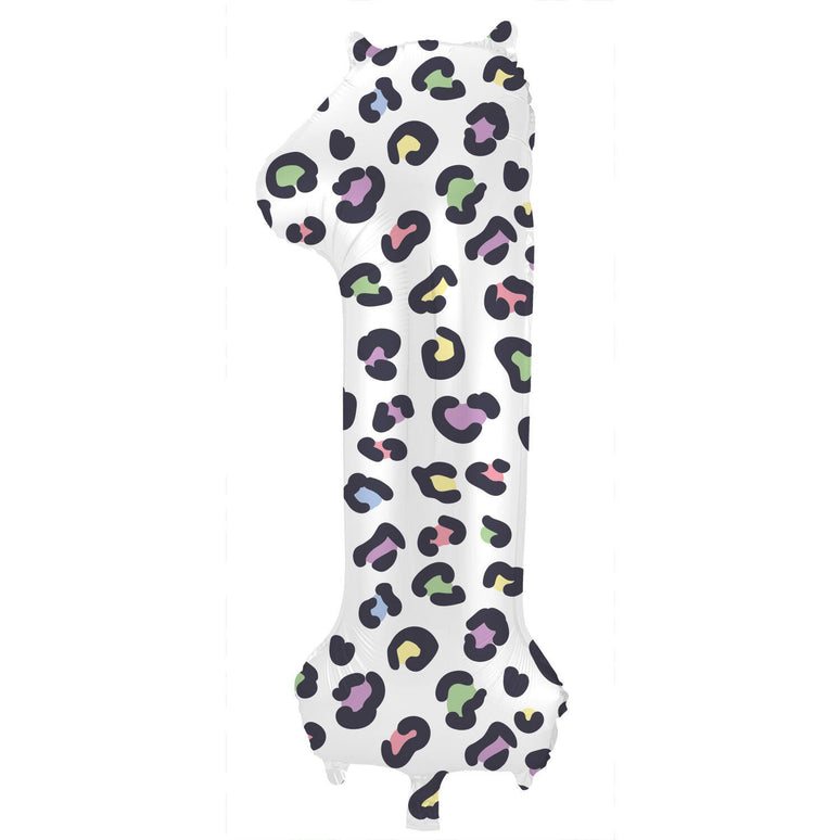 Feestbazaar Folieballon Cijfer 1 Wit Met Panterprint (86cm)