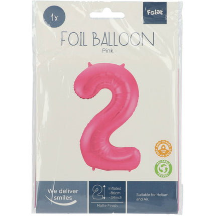 Feestbazaar Folieballon Cijfer 2 Metallic Mat Roze (86cm)