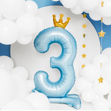 Feestbazaar Folieballon Cijfer 3 Hemelsblauw Op Standaard 84cm