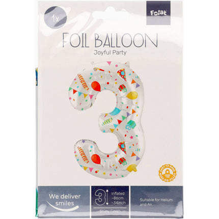 Feestbazaar Folieballon Cijfer 3 Joyful Party - 86 cm