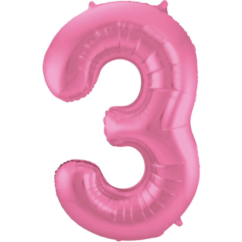 Feestbazaar Folieballon Cijfer 3 Metallic Mat Roze (86cm)