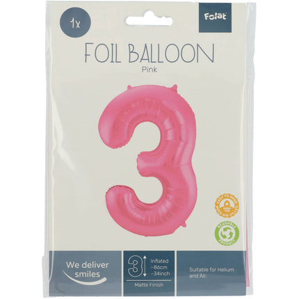 Feestbazaar Folieballon Cijfer 3 Metallic Mat Roze (86cm)