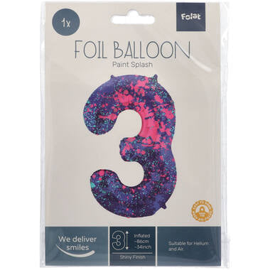 Feestbazaar Folieballon Cijfer 3 Paint Splash Neon (86cm)