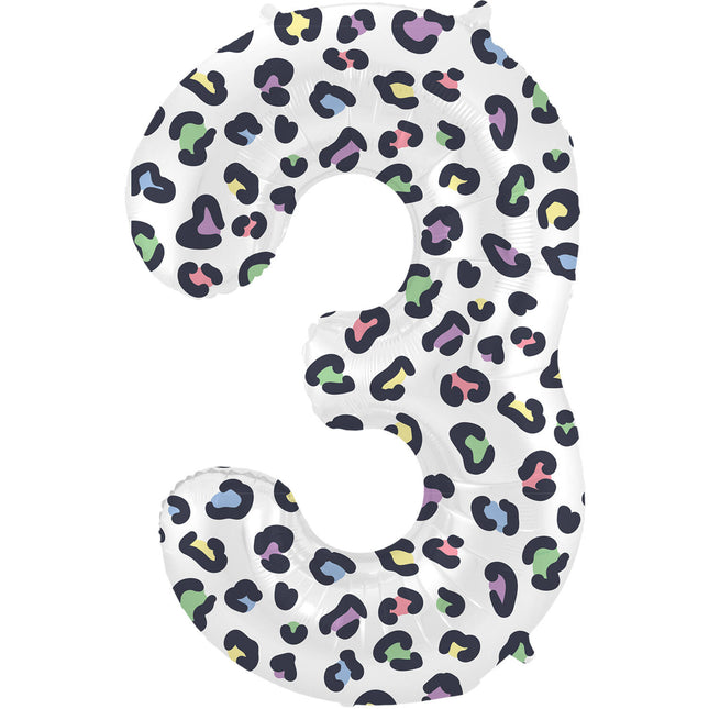Feestbazaar Folieballon Cijfer 3 Wit Met Panterprint  (86cm)