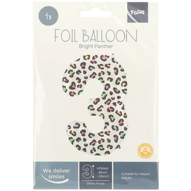 Feestbazaar Folieballon Cijfer 3 Wit Met Panterprint  (86cm)