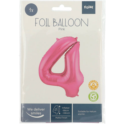 Feestbazaar Folieballon Cijfer 4 Metallic Mat Roze (86cm)