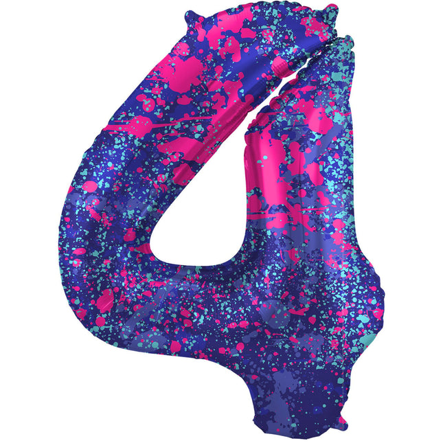 Feestbazaar Folieballon Cijfer 4 Paint Splash Neon (86cm)