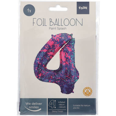 Feestbazaar Folieballon Cijfer 4 Paint Splash Neon (86cm)
