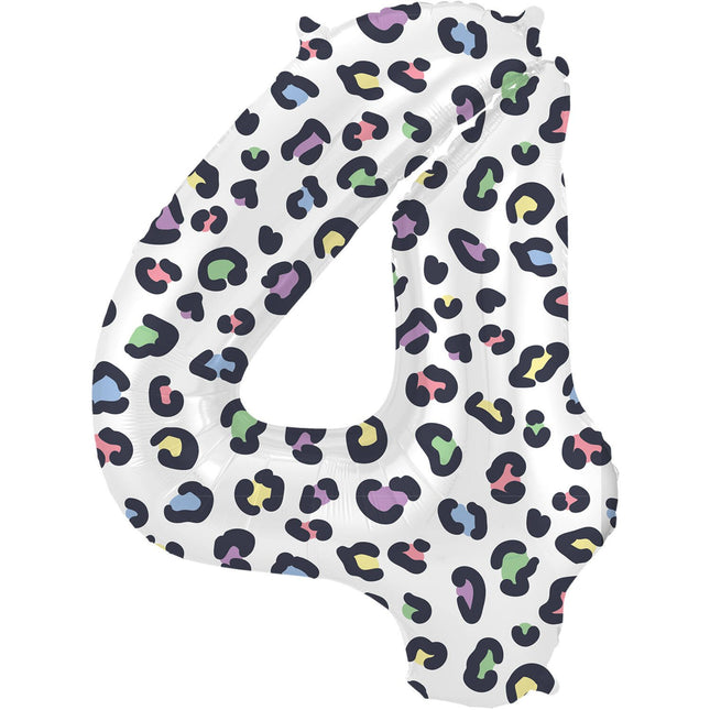 Feestbazaar Folieballon Cijfer 4 Wit Met Panterprint (86cm)