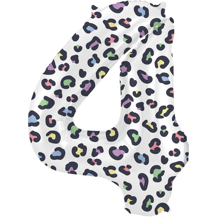 Feestbazaar Folieballon Cijfer 4 Wit Met Panterprint (86cm)