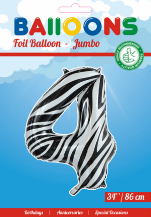 Feestbazaar Folieballon Cijfer 4 Zebra (86cm)