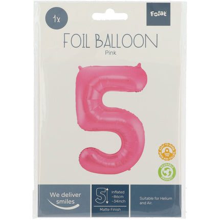 Feestbazaar Folieballon Cijfer 5 Metallic Mat Roze (86cm)