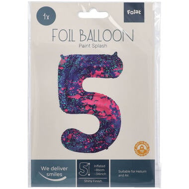 Feestbazaar Folieballon Cijfer 5 Paint Splash Neon (86cm)