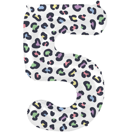 Feestbazaar Folieballon Cijfer 5 Wit Met Panterprint  (86cm)