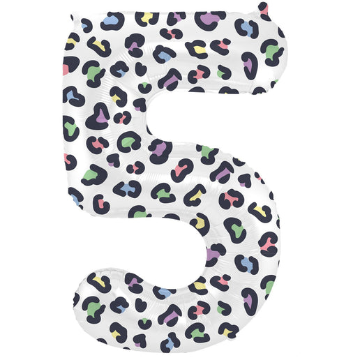 Feestbazaar Folieballon Cijfer 5 Wit Met Panterprint  (86cm)
