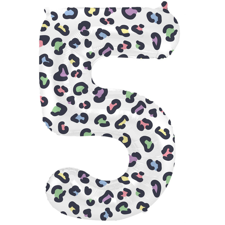 Feestbazaar Folieballon Cijfer 5 Wit Met Panterprint  (86cm)