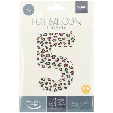 Feestbazaar Folieballon Cijfer 5 Wit Met Panterprint  (86cm)